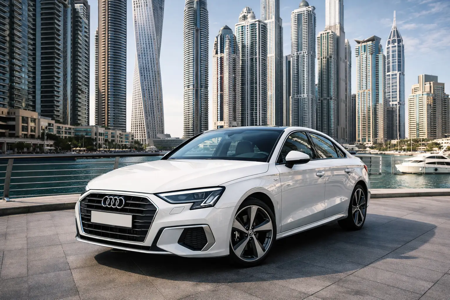 Dubai bulvarında ışıklı çevrede sarı kompakt otomobil