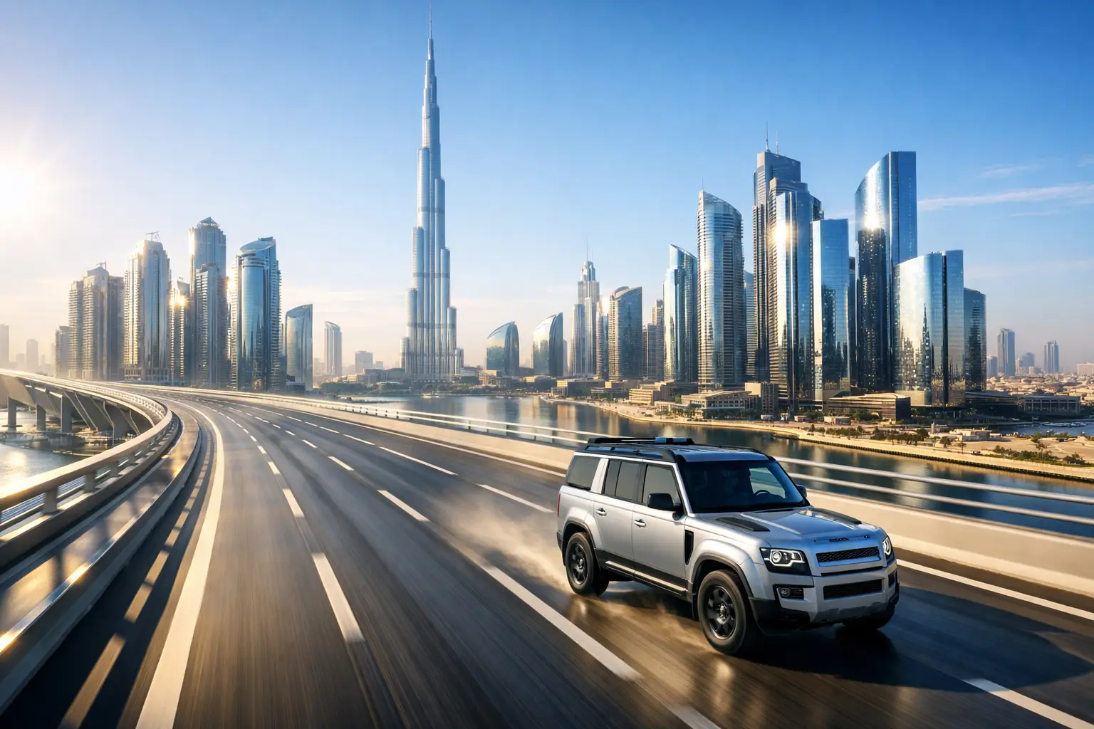 Dubai silüeti önünde yolda ilerleyen SUV